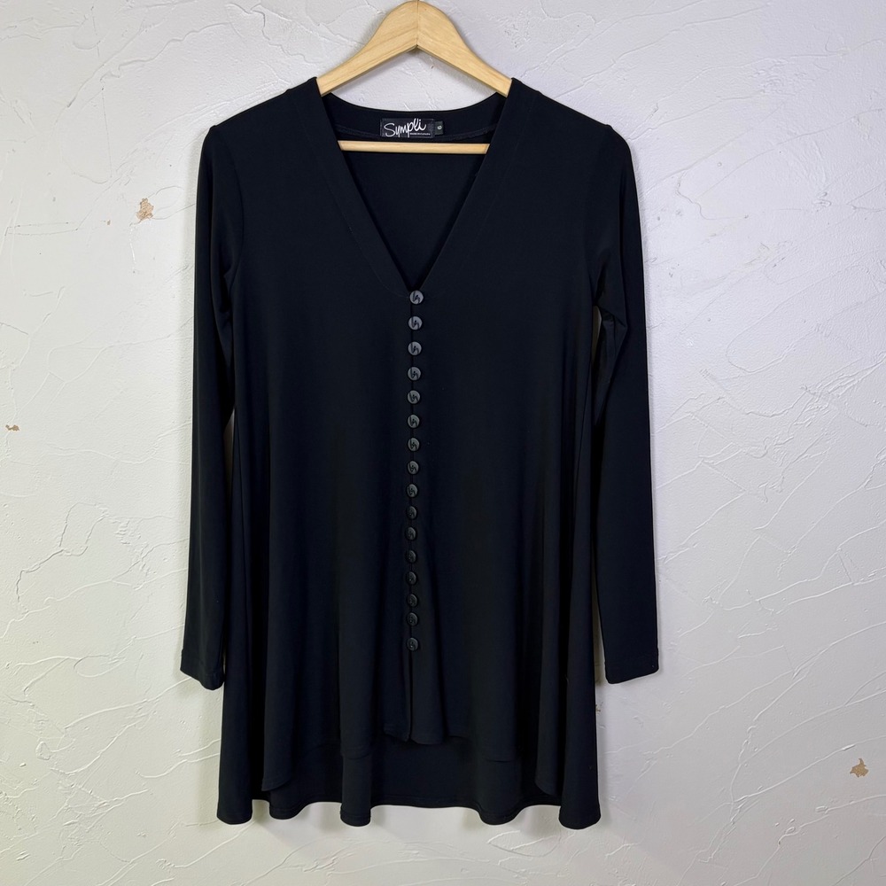Sympli Cardigan Tunic Women 6 Black Button Front V Neck Long Sleeve Minimalist